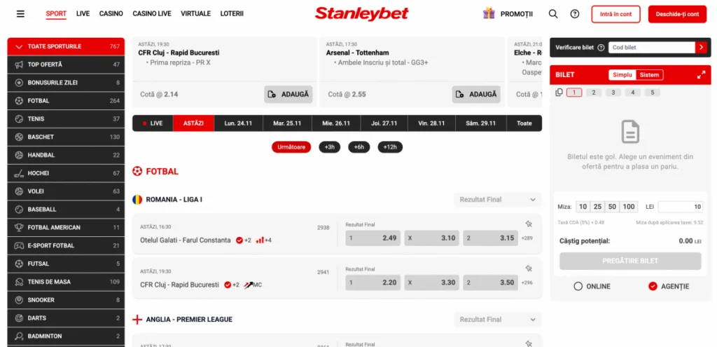 Stanleybet pariuri sportive – interfata site